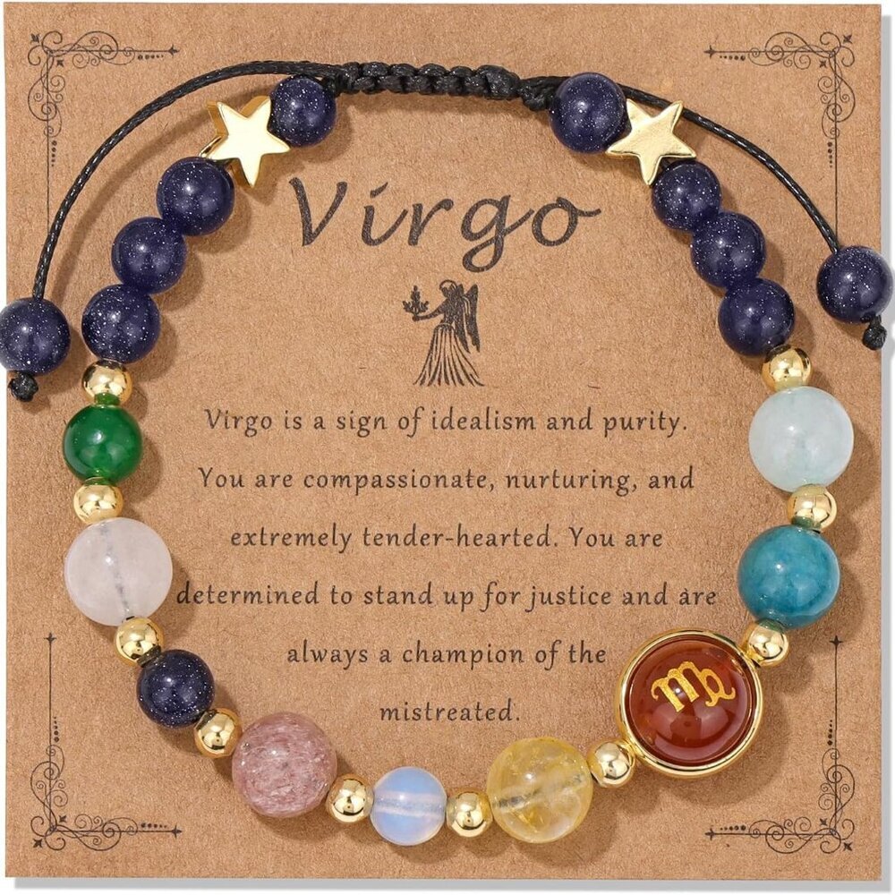 Zodiac Bracelets for Women Men,12 Constellations Healing Crystal Stone Beads Bra